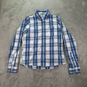 Hollister Button Down Shirt Men Large Blue Plaid Long Sleeve 100% Cotton